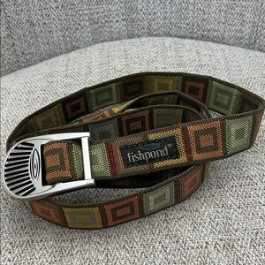 Fishpond Trucha webbed belt silver tone buckle multi color square pattern 47”